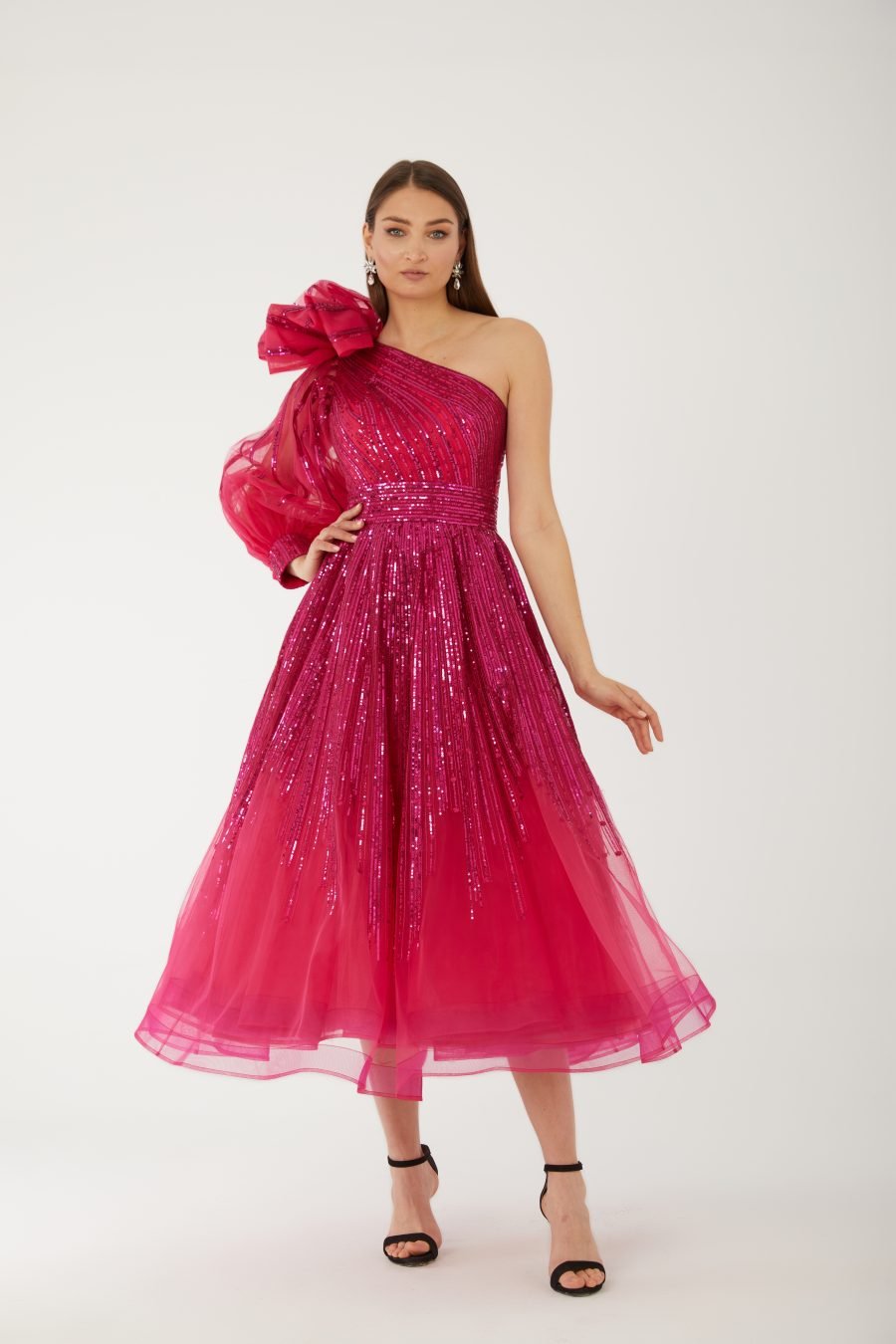 Asymmetric Midi-length, falling below the knee but above the ankle Evening dress