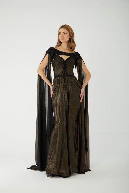 keyhole neckline with an off-the-shoulder beaded overlay Evening Dress