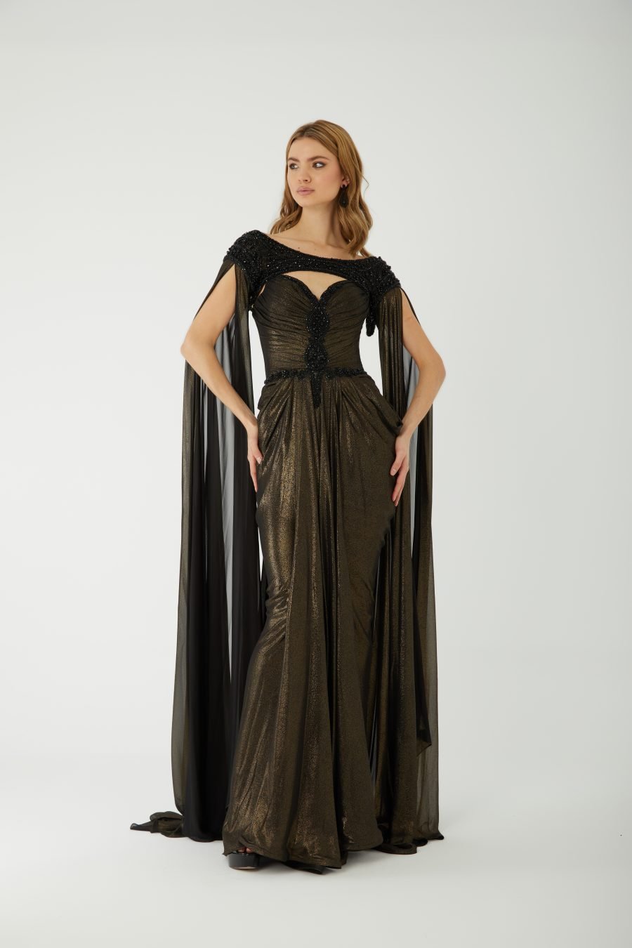 keyhole neckline with an off-the-shoulder beaded overlay Evening Dress