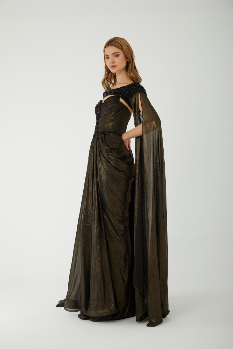 keyhole neckline with an off-the-shoulder beaded overlay Evening Dress - Image 2