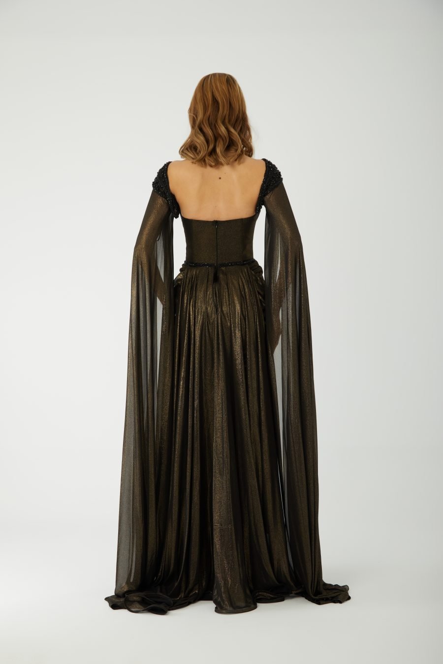 keyhole neckline with an off-the-shoulder beaded overlay Evening Dress - Image 4