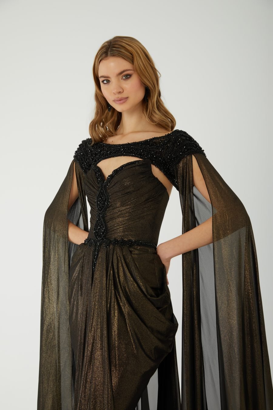 keyhole neckline with an off-the-shoulder beaded overlay Evening Dress - Image 3