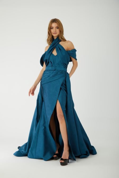 Halter Neckline Cross High Knee Evening Dress