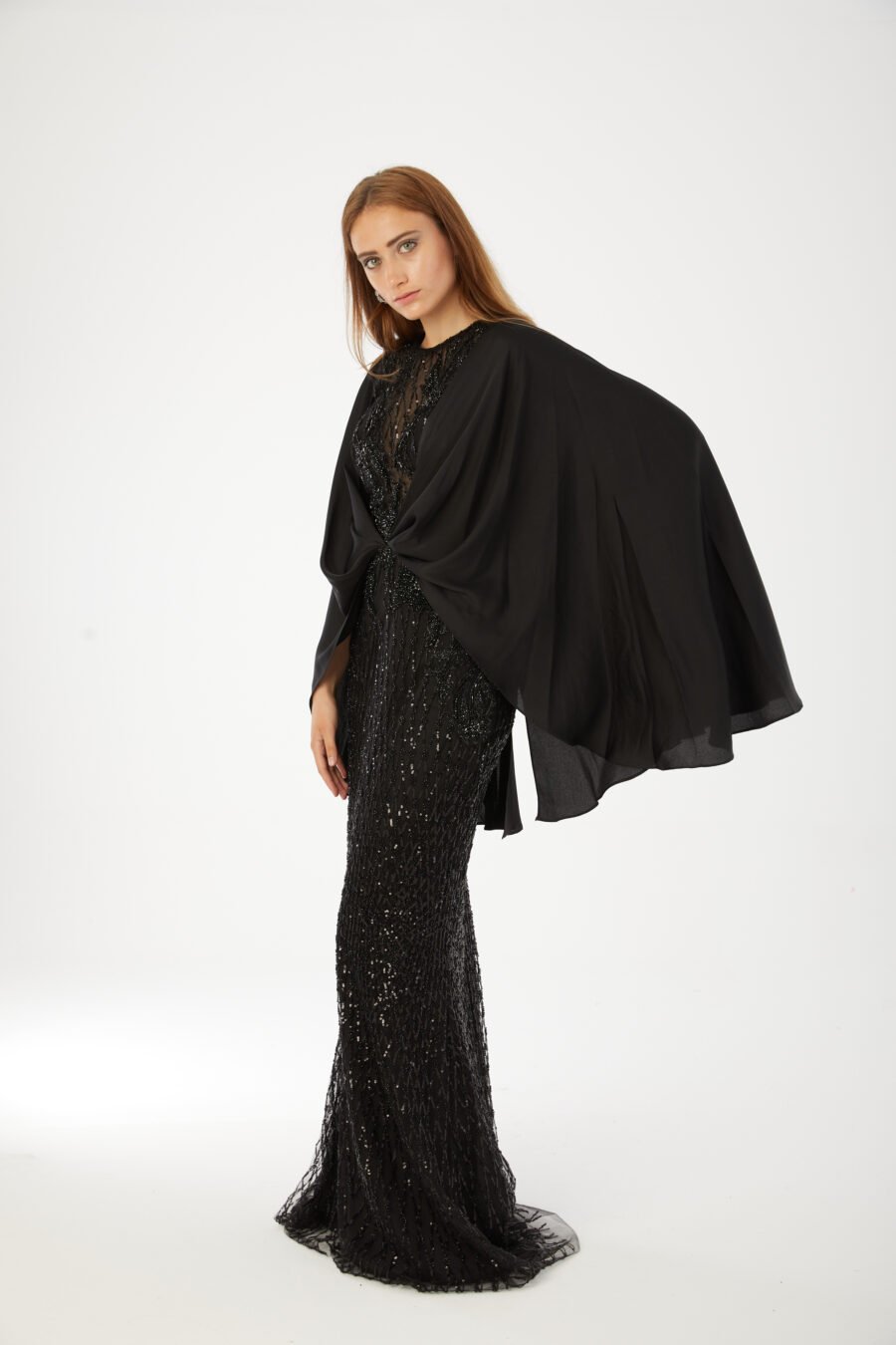 Paula Blush Sequin Cape Evening Gown