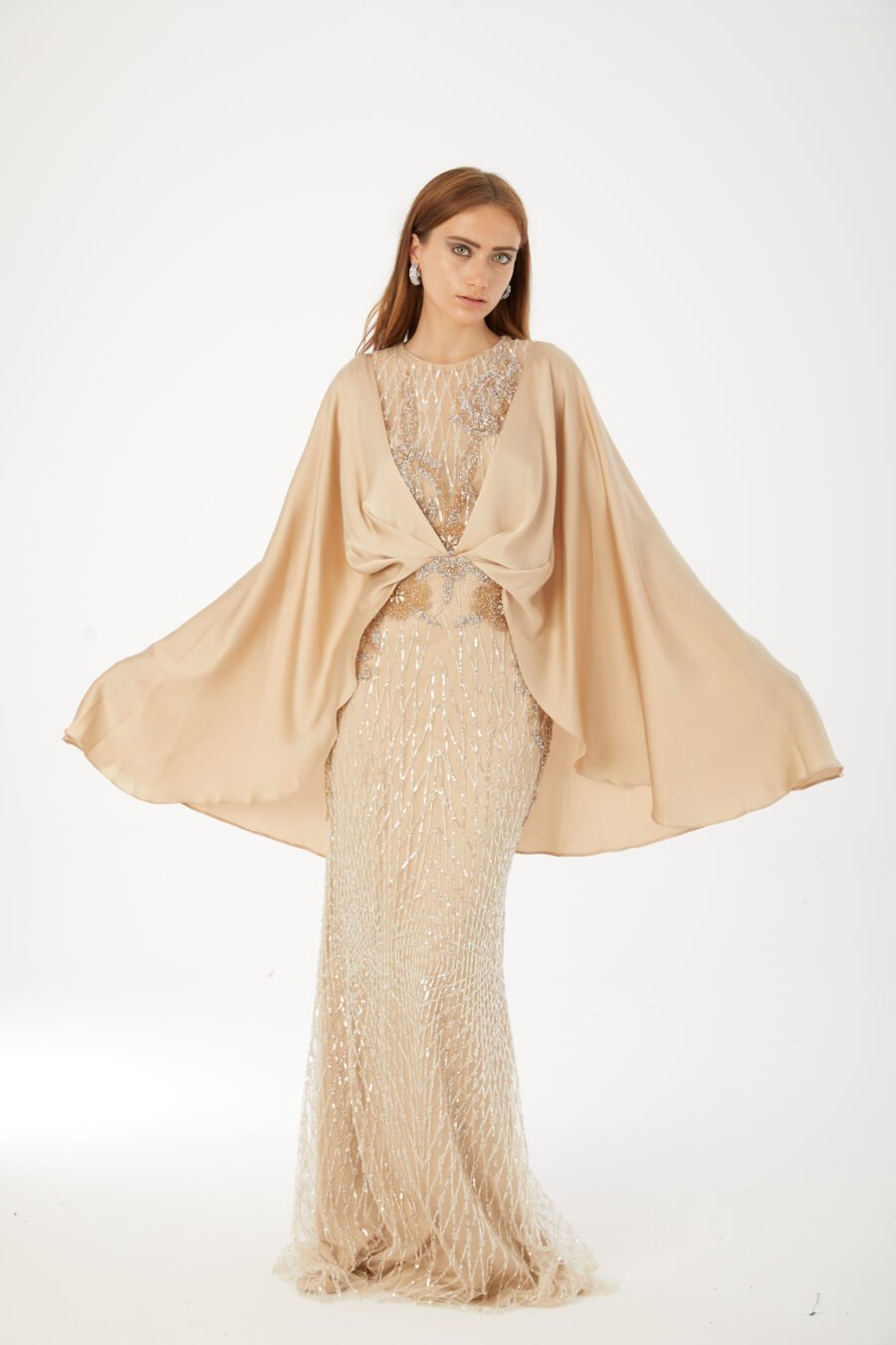 Paula Blush Sequin Cape Evening Gown - Image 6