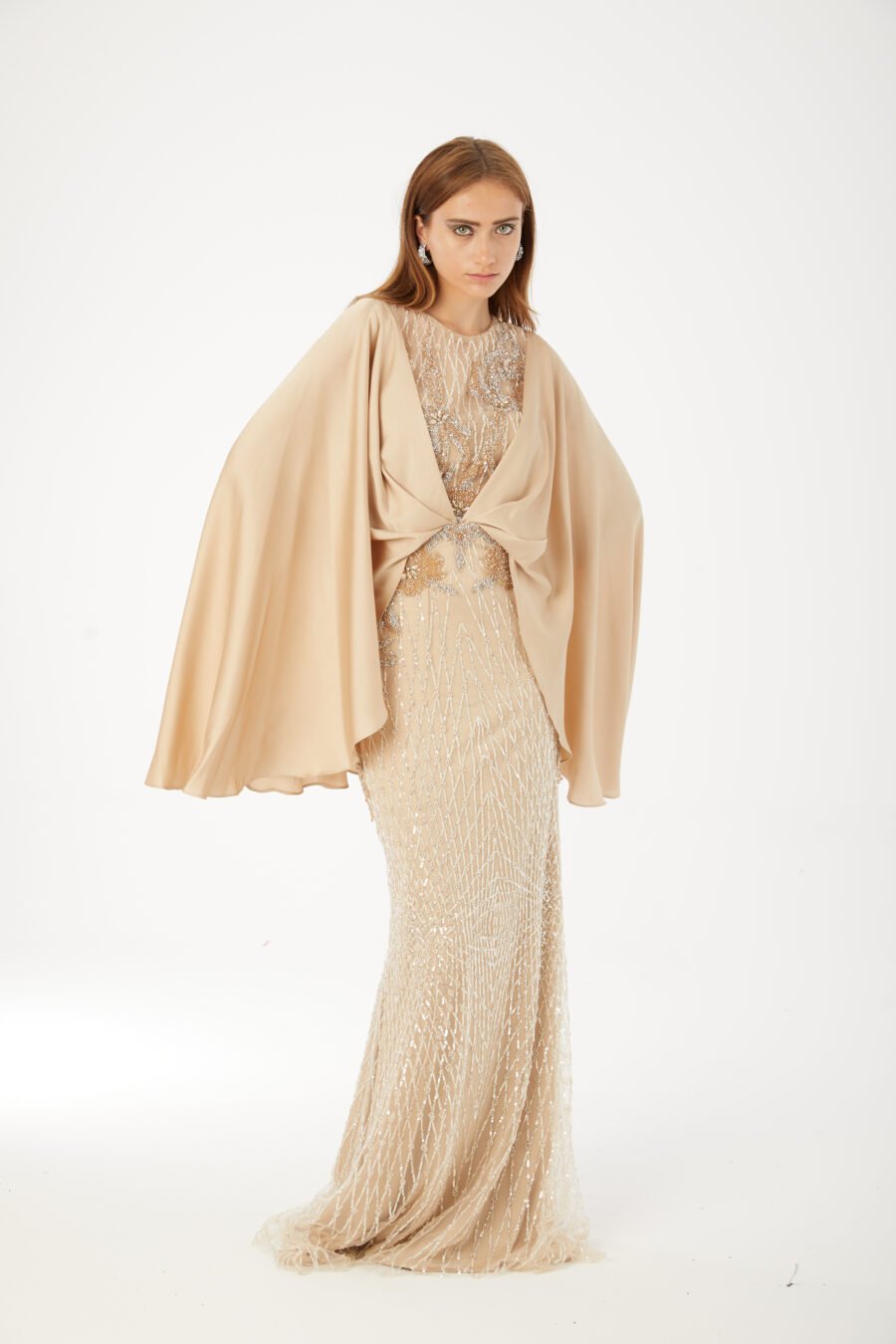 Paula Blush Sequin Cape Evening Gown - Image 9