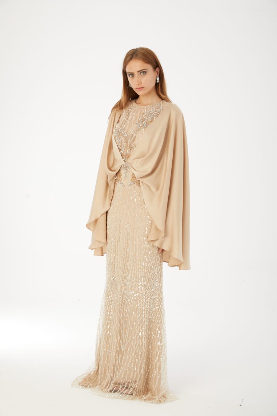 Paula Blush Sequin Cape Evening Gown - Image 10