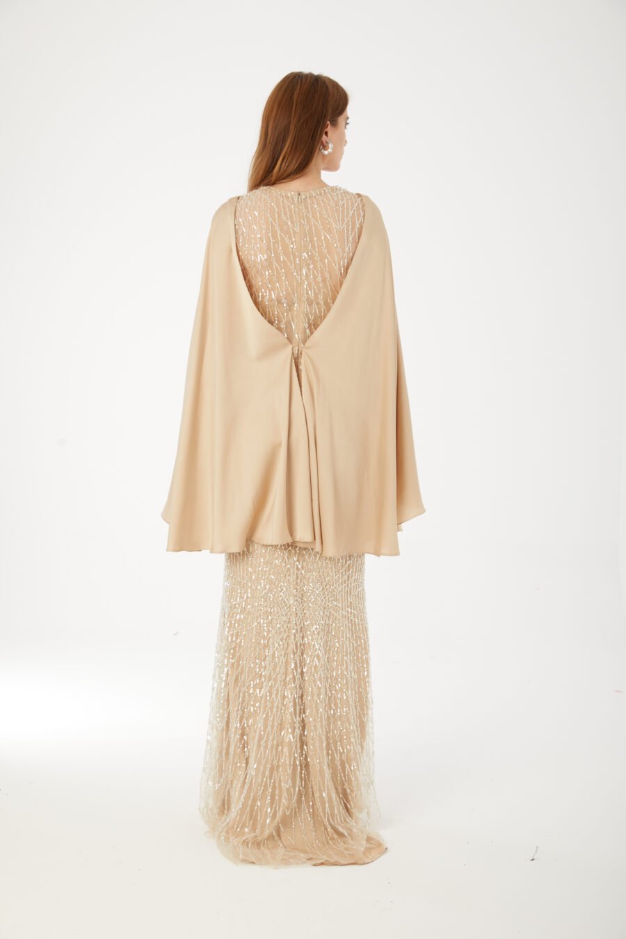 Paula Blush Sequin Cape Evening Gown - Image 11