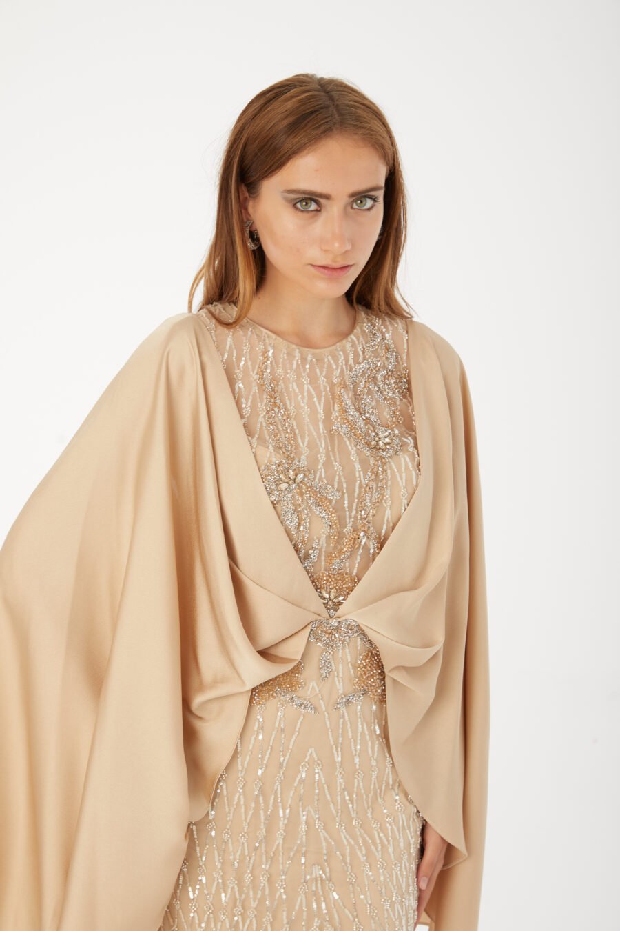 Paula Blush Sequin Cape Evening Gown - Image 7