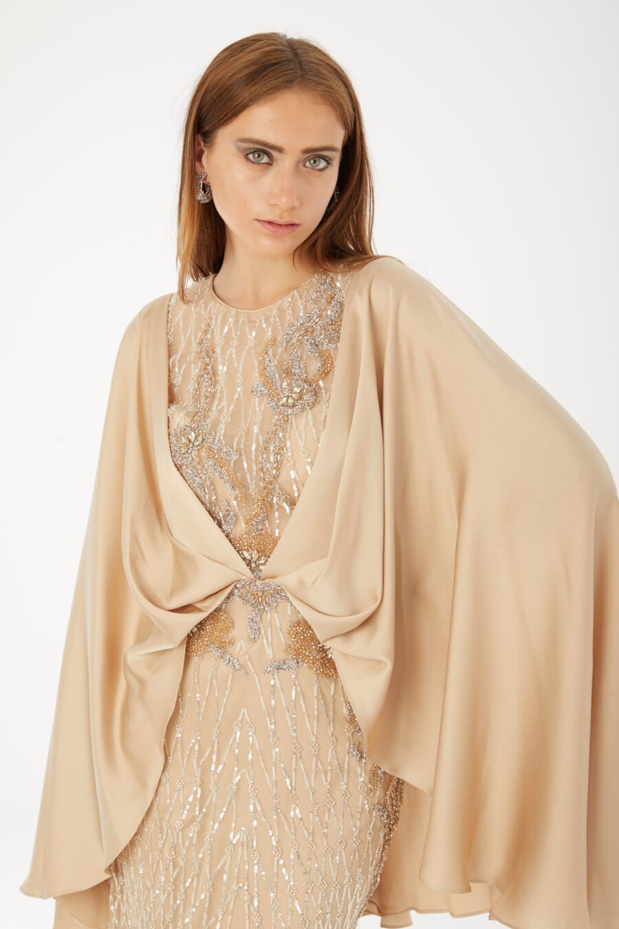 Paula Blush Sequin Cape Evening Gown - Image 8