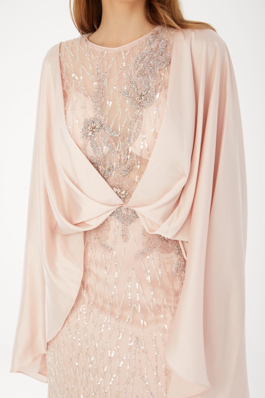 Paula Blush Sequin Cape Evening Gown - Image 14