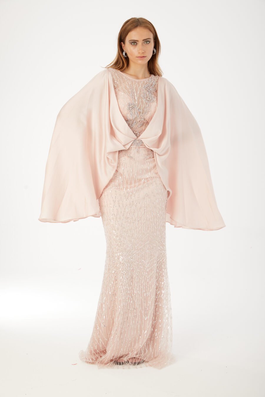 Paula Blush Sequin Cape Evening Gown - Image 15
