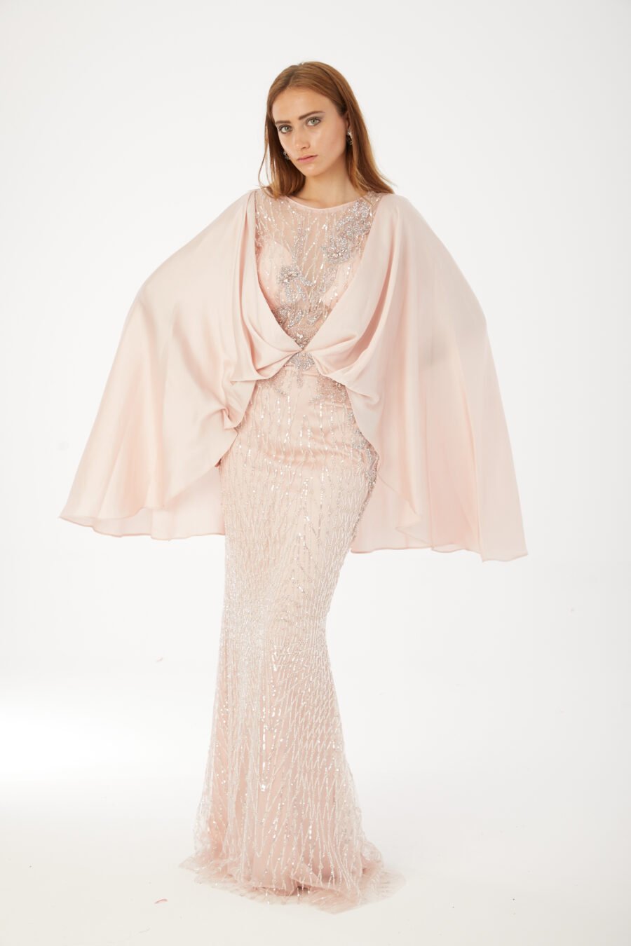Paula Blush Sequin Cape Evening Gown - Image 16