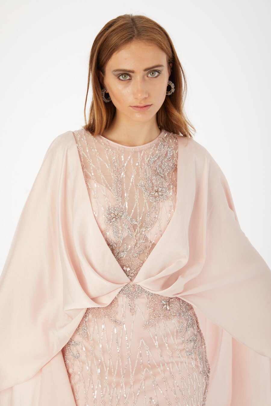 Paula Blush Sequin Cape Evening Gown - Image 13