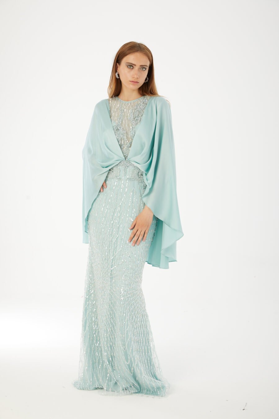 Paula Blush Sequin Cape Evening Gown - Image 18