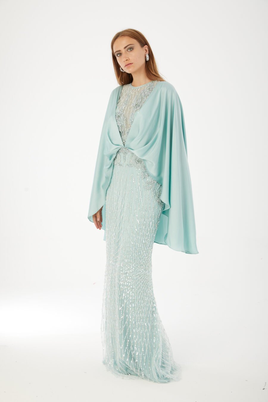 Paula Blush Sequin Cape Evening Gown - Image 22