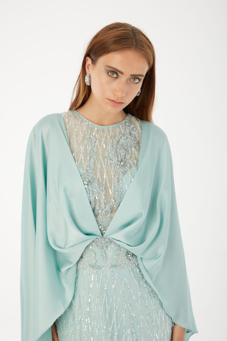 Paula Blush Sequin Cape Evening Gown - Image 19