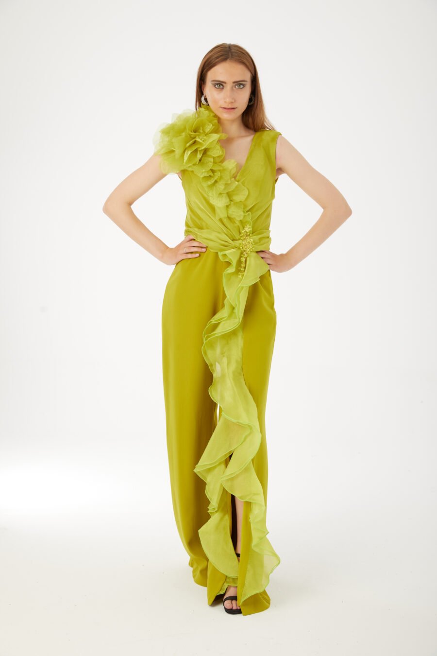 V Neck High Knee Ruffle Evening Dress