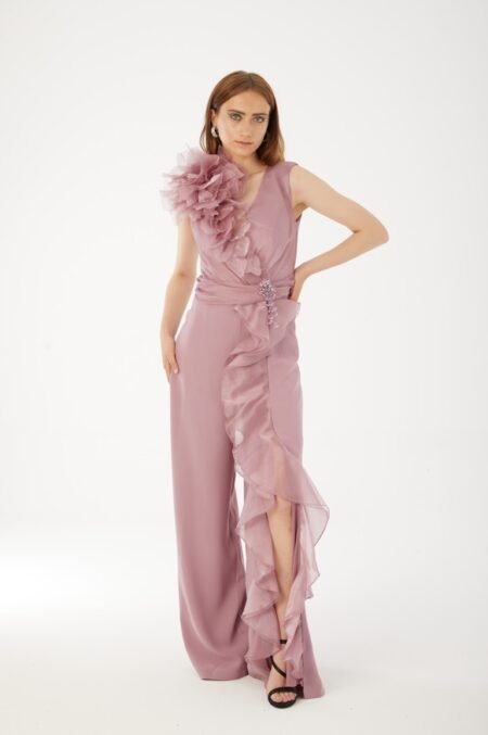 V Neck High Knee Ruffle Evening Dress - Mov, 42