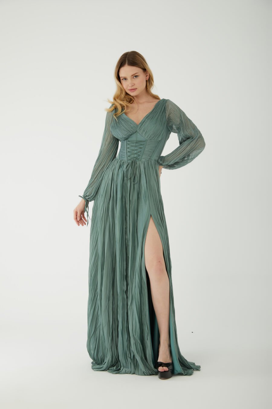V Neck Long sleeve high knee evening dress - Image 6