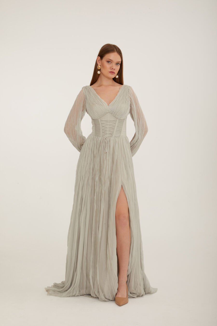 V Neck Long sleeve high knee evening dress - Image 21