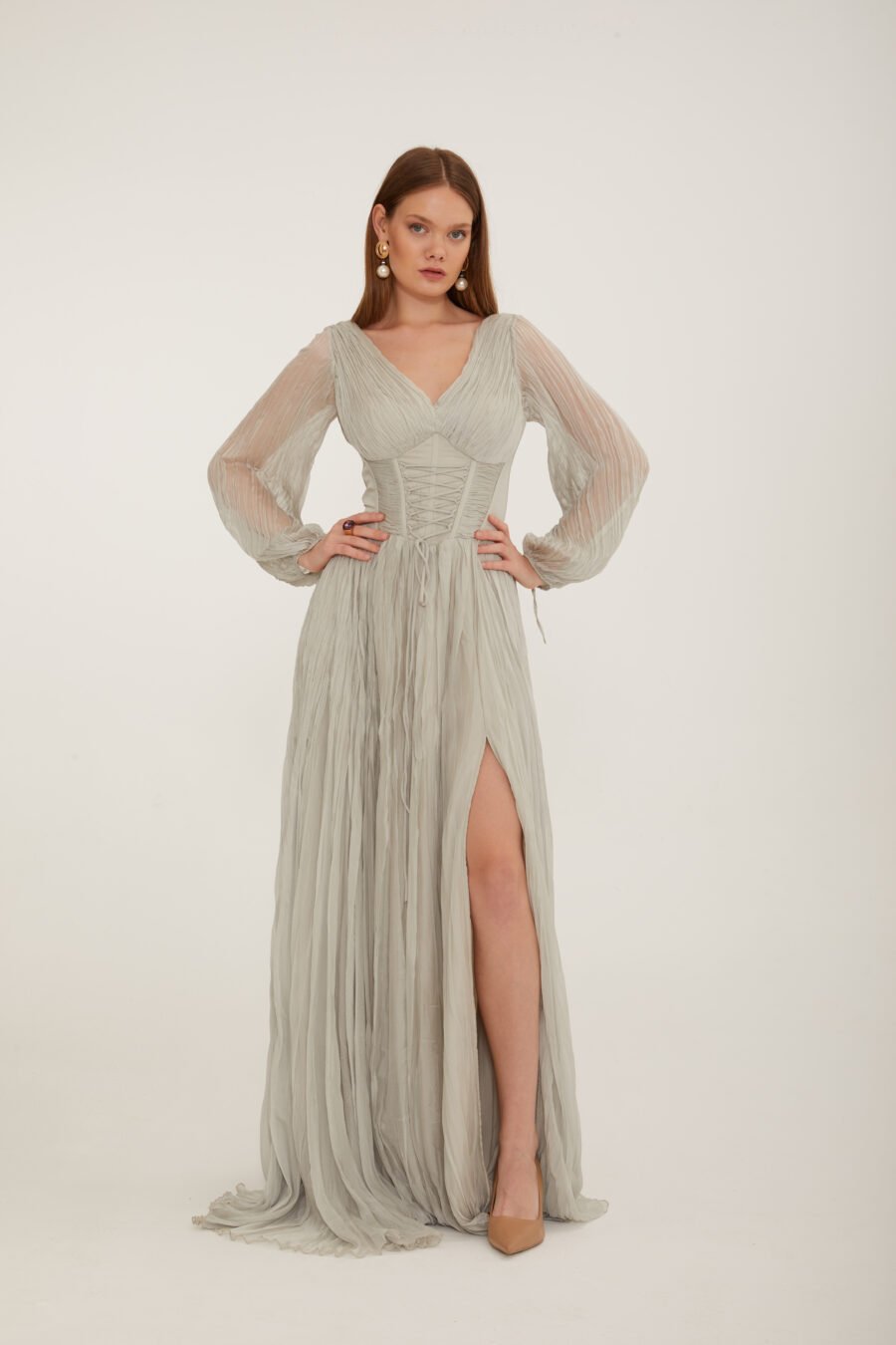 V Neck Long sleeve high knee evening dress - Image 20