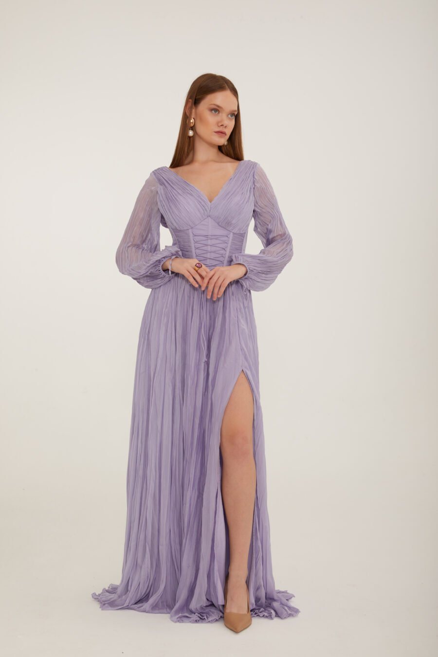 V Neck Long sleeve high knee evening dress - Image 23