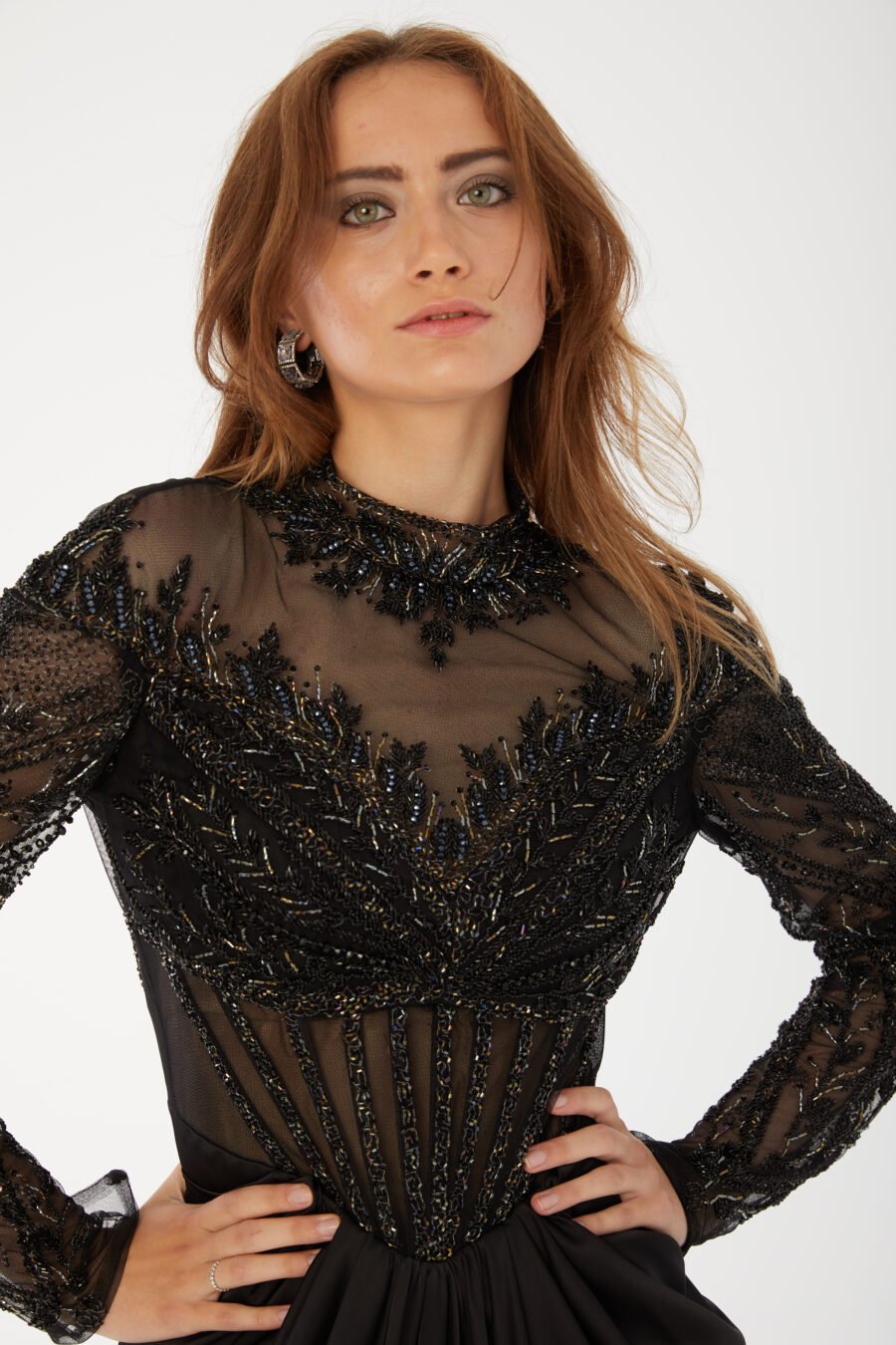 Beaded High Neck Evening Gown High Knee with Slit Evening Dress - Image 19