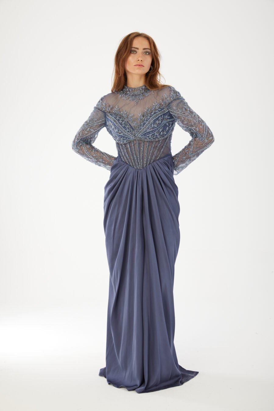 Beaded High Neck Evening Gown High Knee with Slit Evening Dress - Image 12