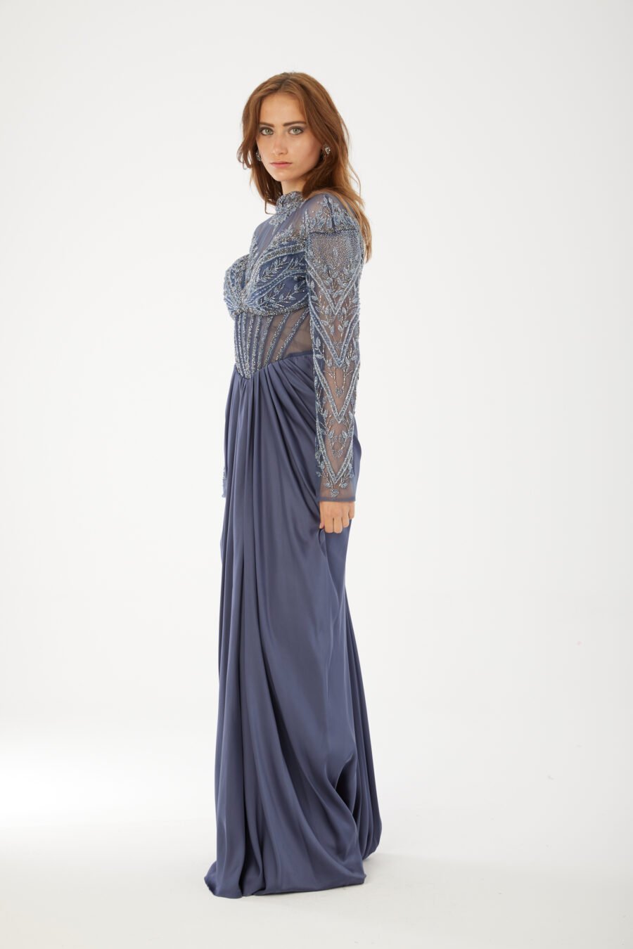 Beaded High Neck Evening Gown High Knee with Slit Evening Dress - Image 11