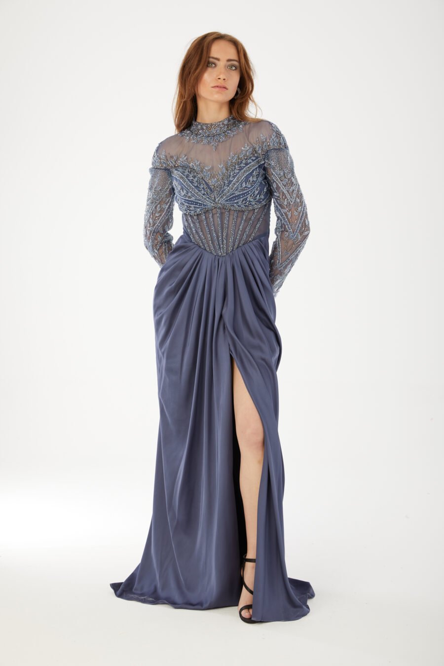 Beaded High Neck Evening Gown High Knee with Slit Evening Dress - Image 7