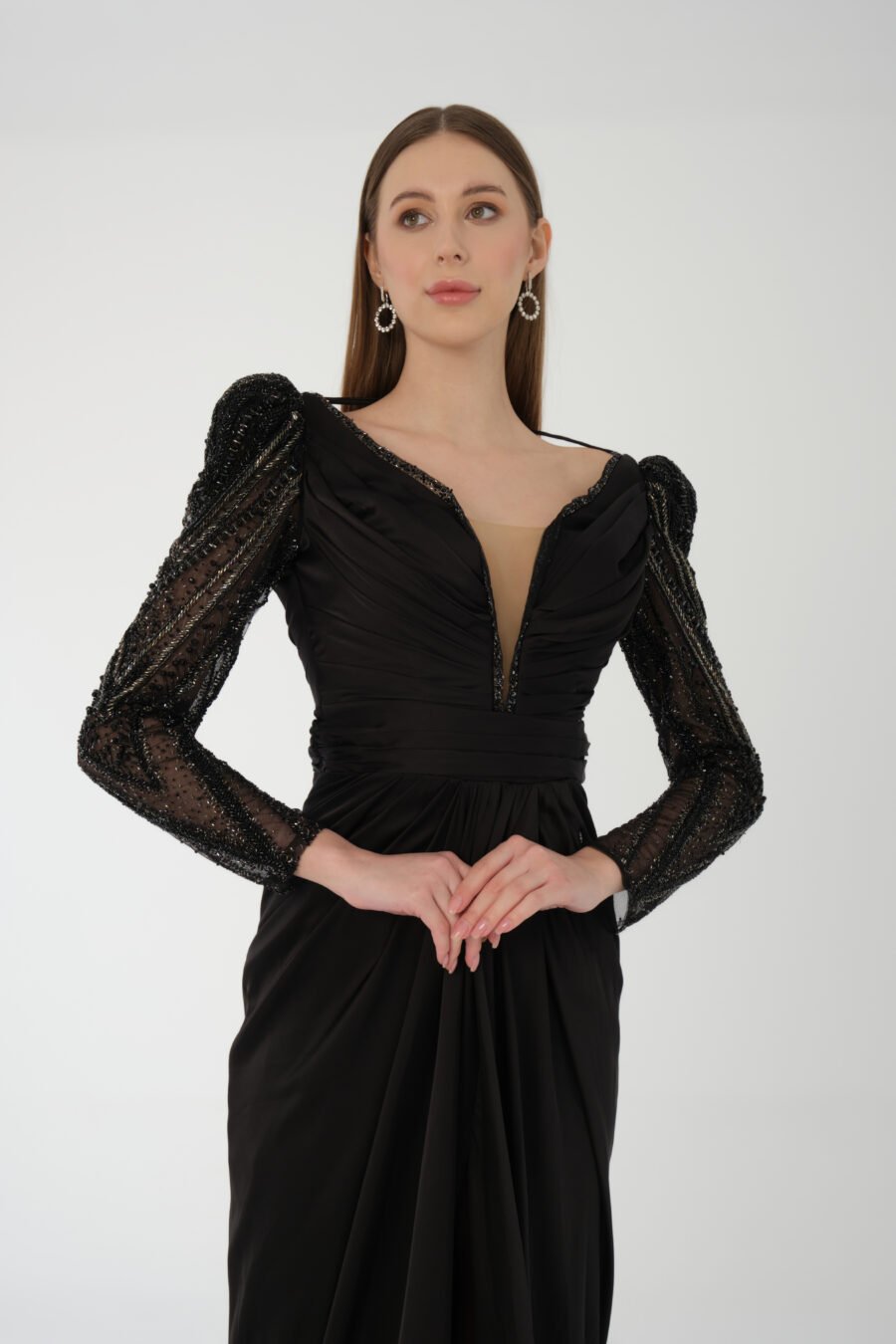 Deep V Neck Embroidered Transparent Sleeve High Knee Back Detailed Draped Long Dress - Image 9