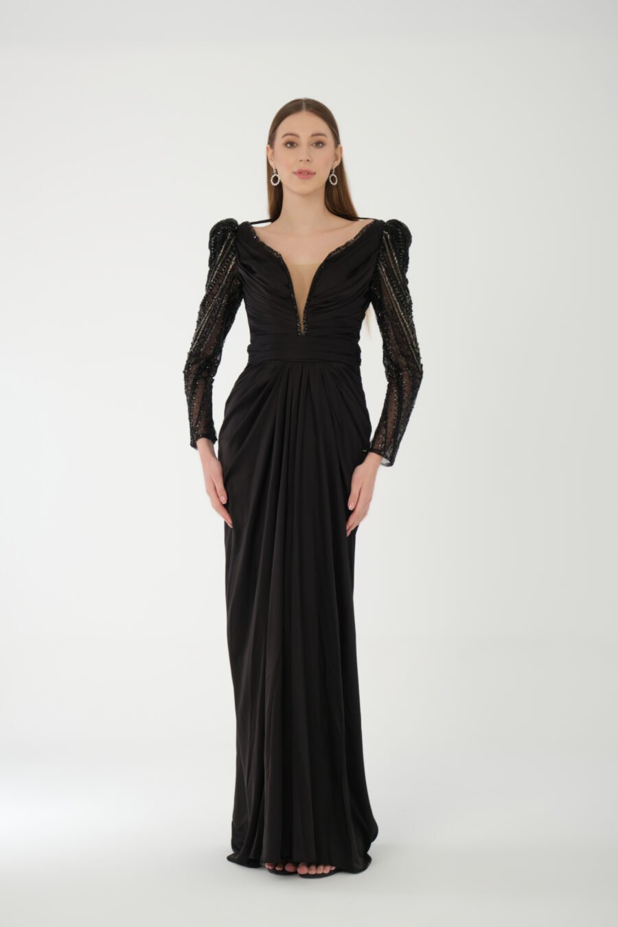 Deep V Neck Embroidered Transparent Sleeve High Knee Back Detailed Draped Long Dress - Image 10