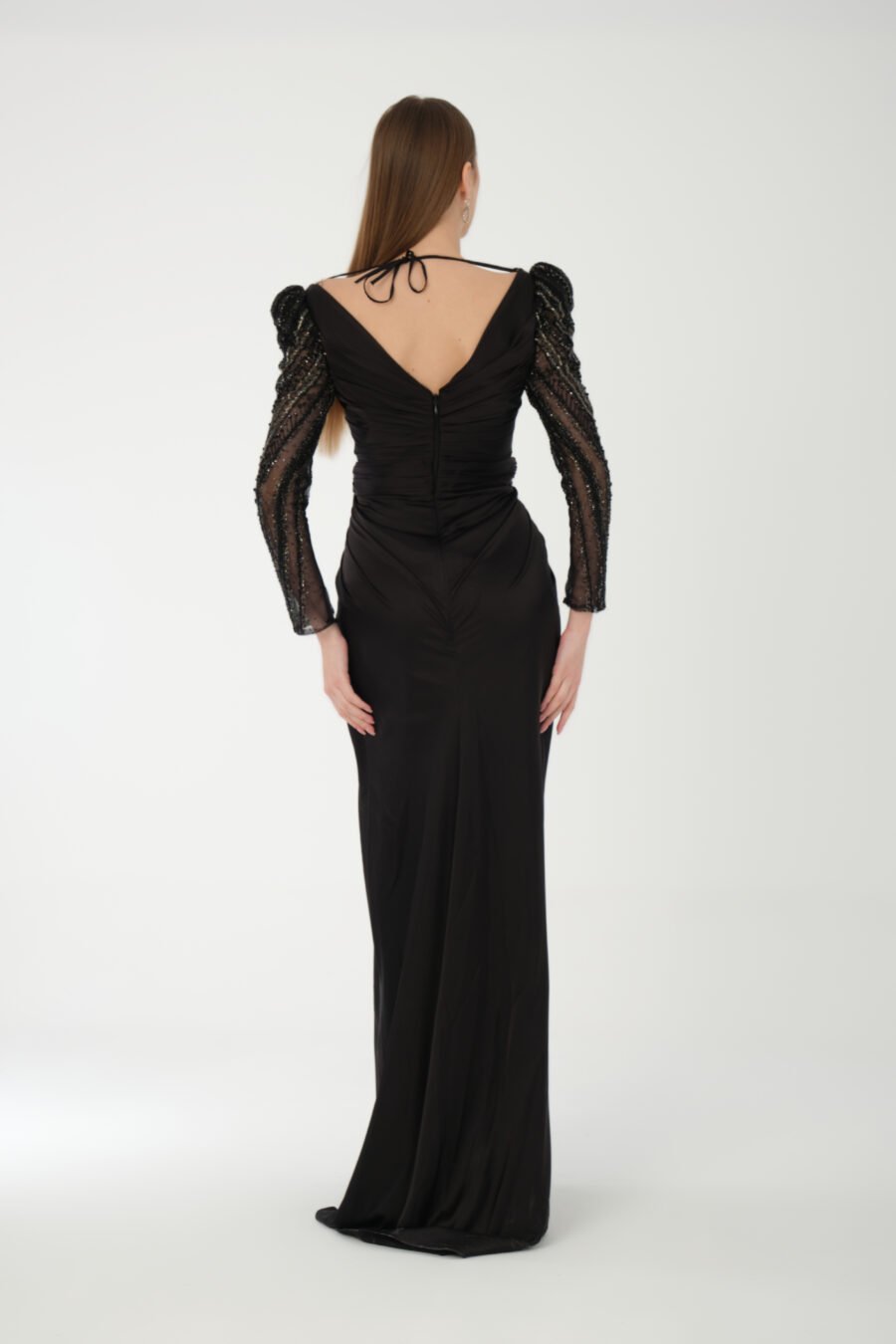 Deep V Neck Embroidered Transparent Sleeve High Knee Back Detailed Draped Long Dress - Image 12
