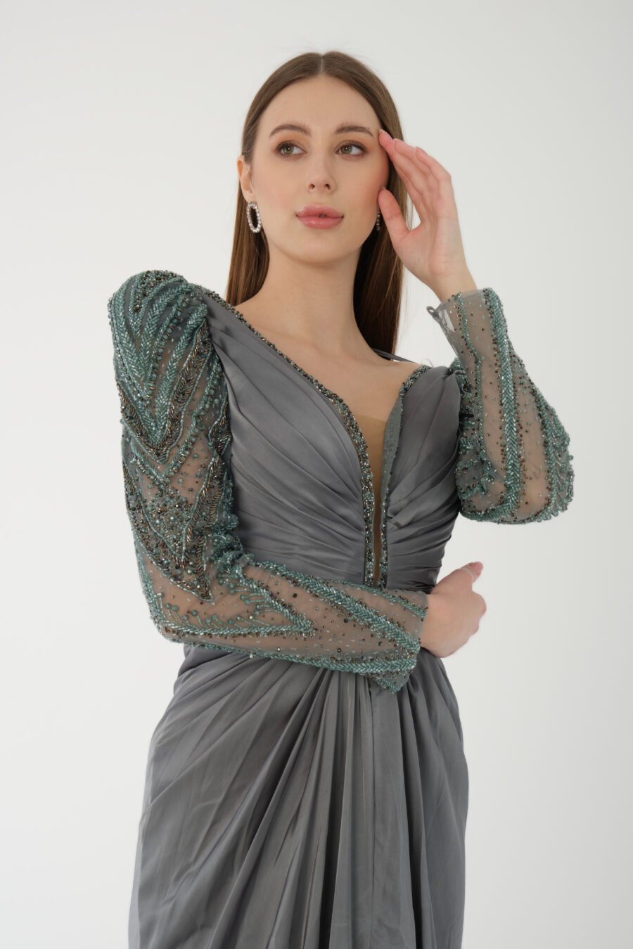 Deep V Neck Embroidered Transparent Sleeve High Knee Back Detailed Draped Long Dress - Image 2