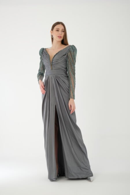 Deep V Neck Embroidered Transparent Sleeve High Knee Back Detailed Draped Long Dress