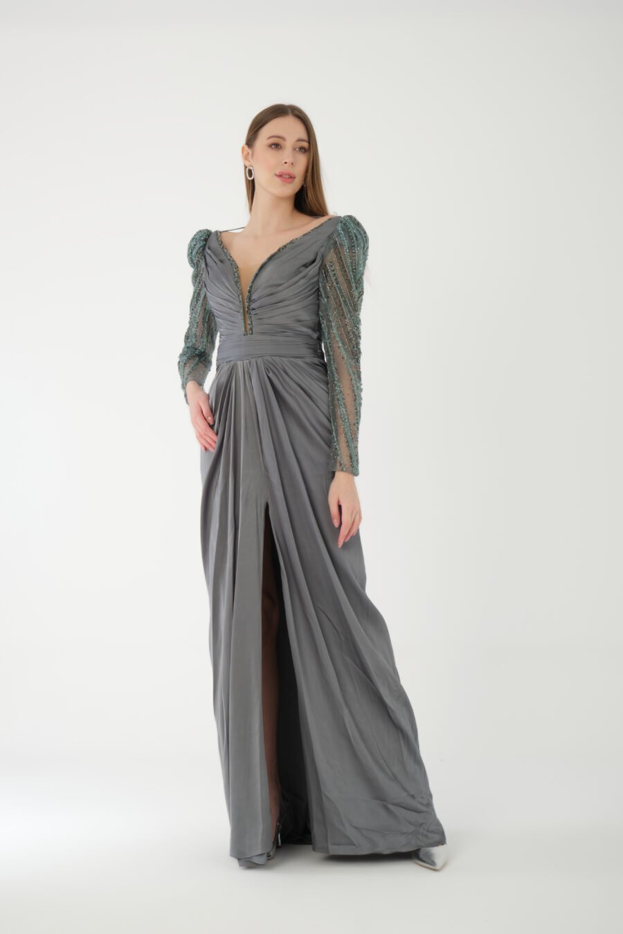 Deep V Neck Embroidered Transparent Sleeve High Knee Back Detailed Draped Long Dress