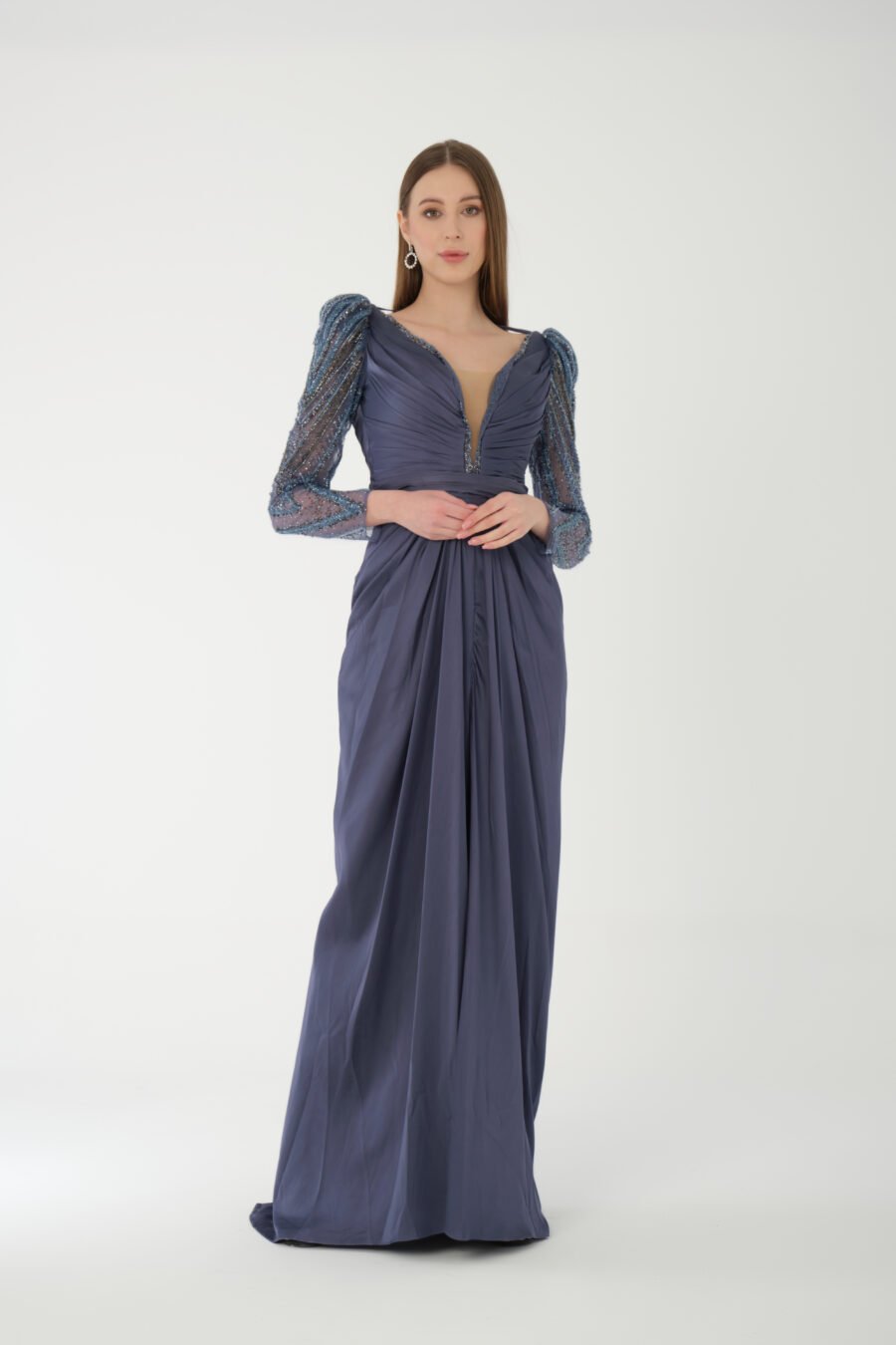 Deep V Neck Embroidered Transparent Sleeve High Knee Back Detailed Draped Long Dress - Image 6