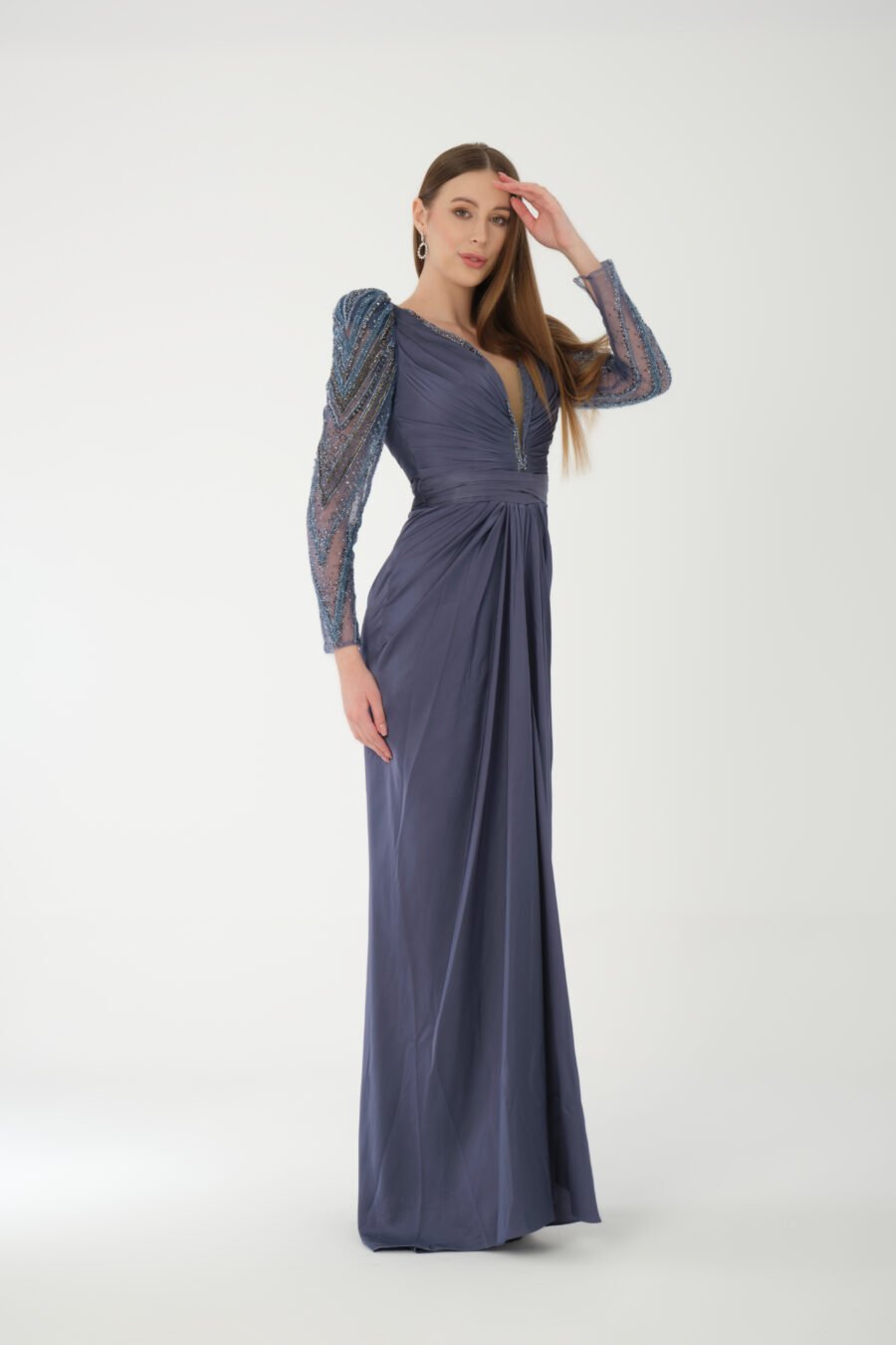 Deep V Neck Embroidered Transparent Sleeve High Knee Back Detailed Draped Long Dress - Image 7