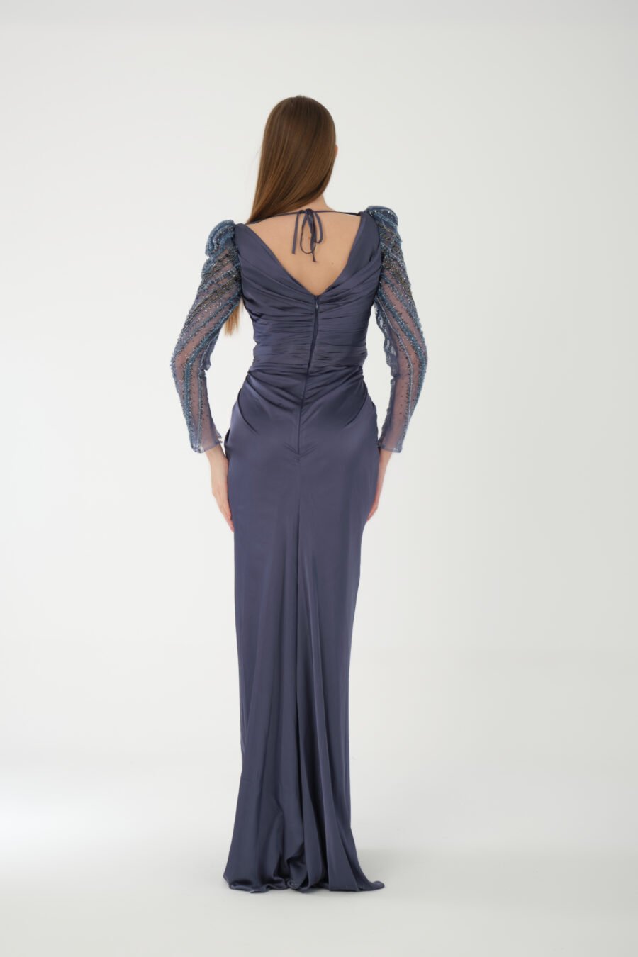 Deep V Neck Embroidered Transparent Sleeve High Knee Back Detailed Draped Long Dress - Image 8