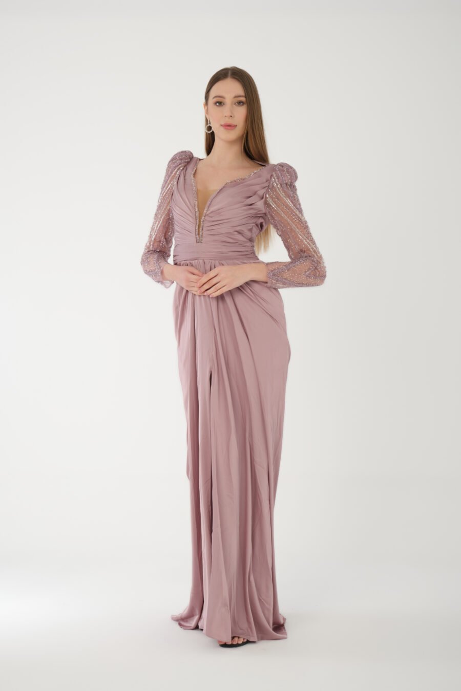 Deep V Neck Embroidered Transparent Sleeve High Knee Back Detailed Draped Long Dress - Image 14