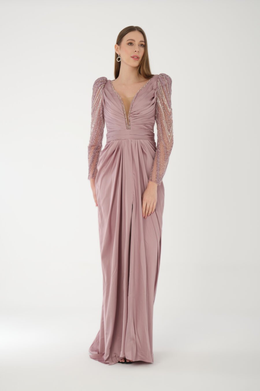 Deep V Neck Embroidered Transparent Sleeve High Knee Back Detailed Draped Long Dress - Image 15