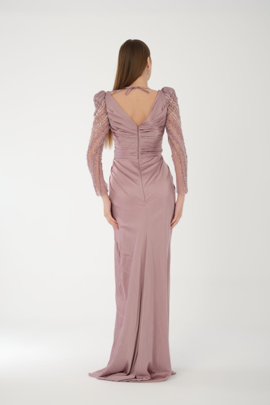 Deep V Neck Embroidered Transparent Sleeve High Knee Back Detailed Draped Long Dress - Image 16