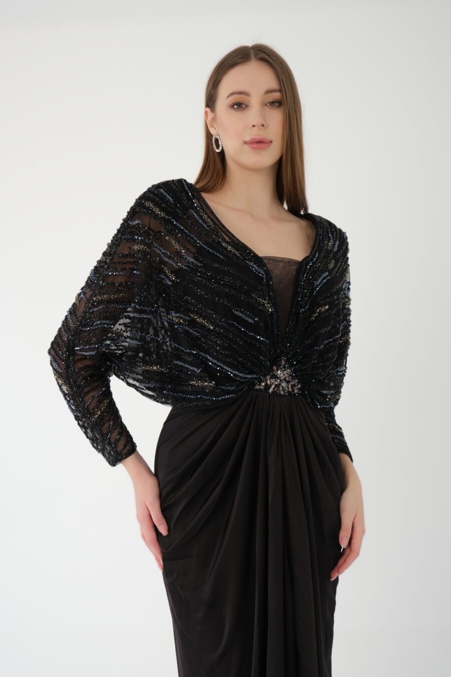 Batwing Sleeve High Knee Embellished Slit Long Dress - Image 2