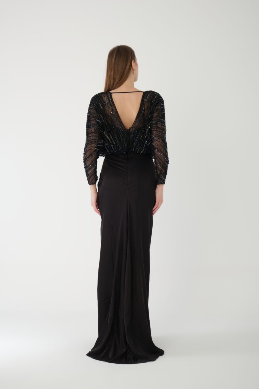 Batwing Sleeve High Knee Embellished Slit Long Dress - Image 4