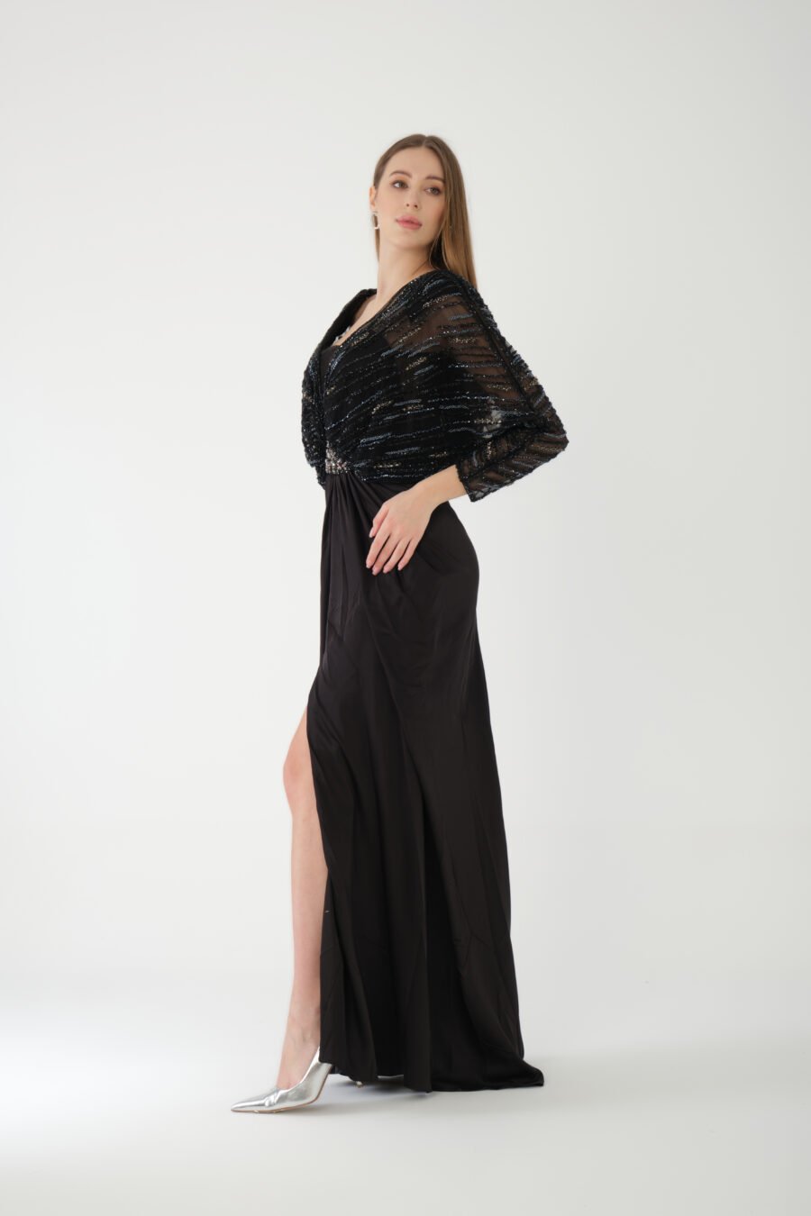 Batwing Sleeve High Knee Embellished Slit Long Dress - Image 3