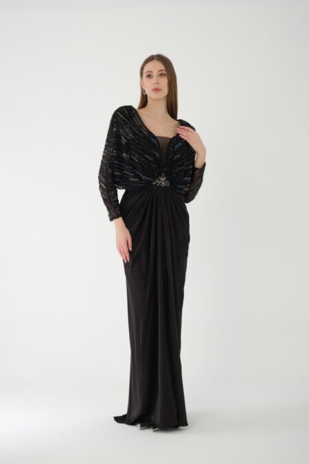Batwing Sleeve High Knee Embellished Slit Long Dress