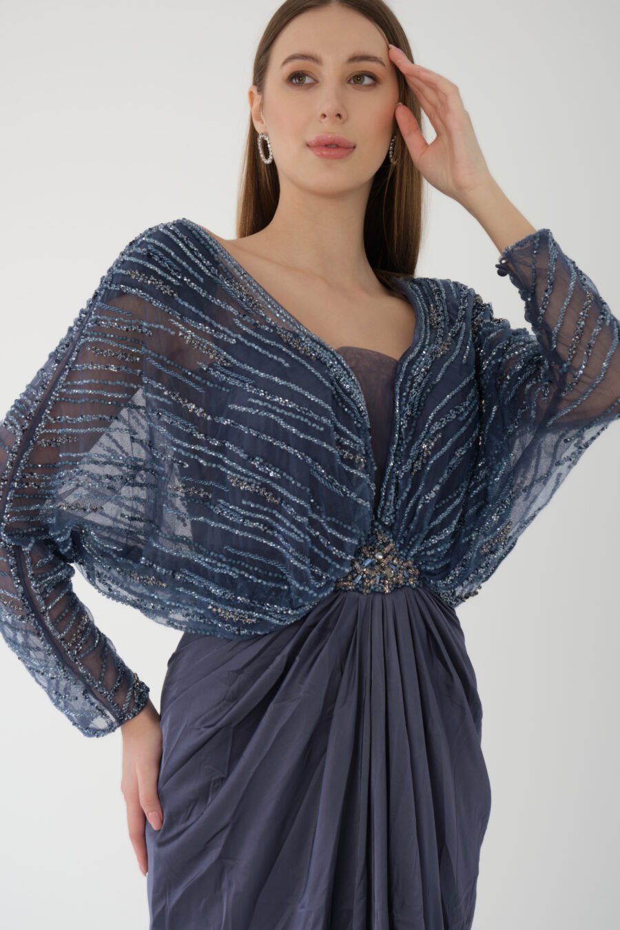 Batwing Sleeve High Knee Embellished Slit Long Dress - Image 5