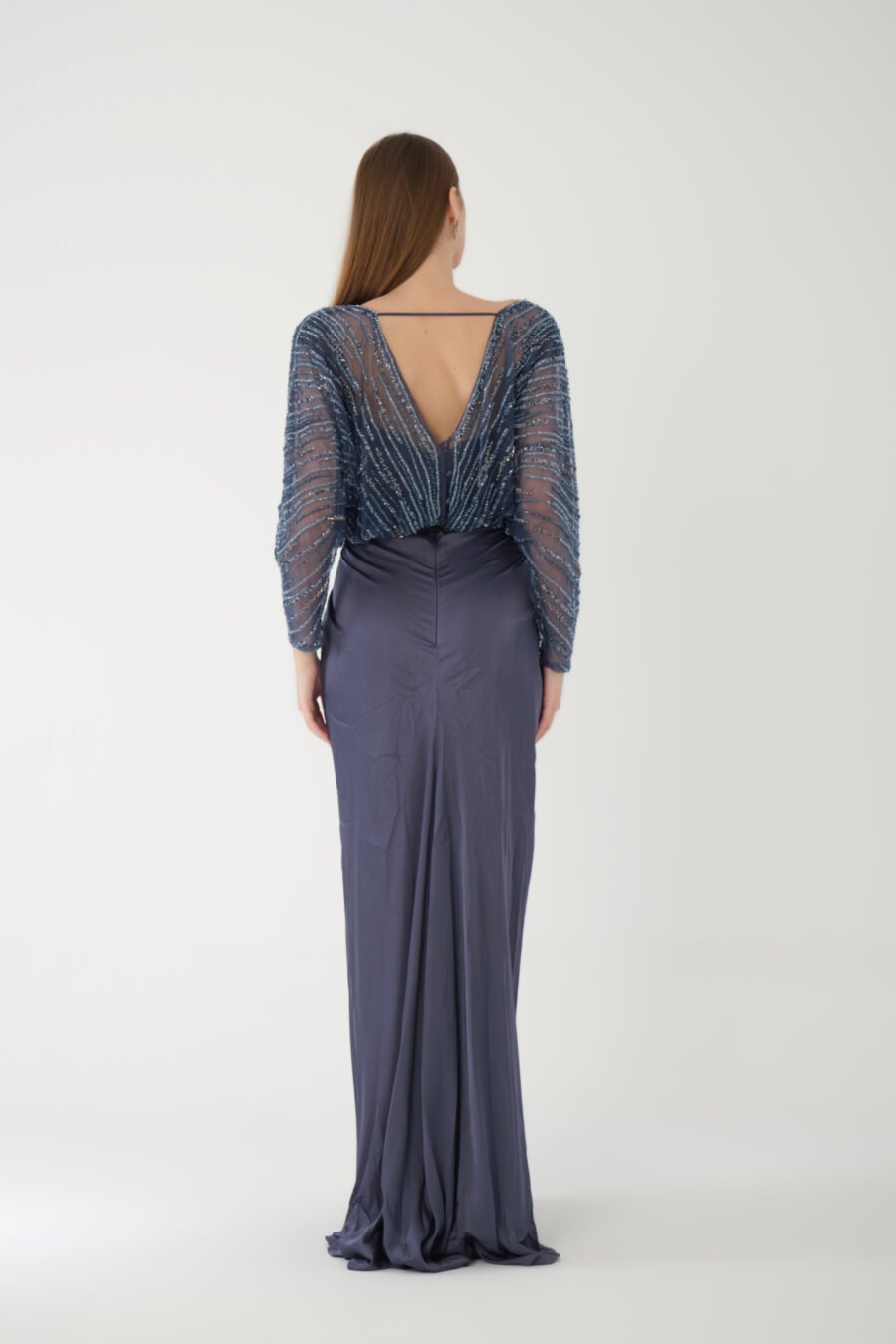 Batwing Sleeve High Knee Embellished Slit Long Dress - Image 8