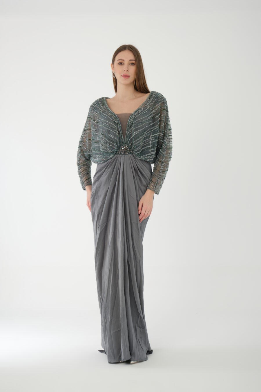 Batwing Sleeve High Knee Embellished Slit Long Dress - Image 10